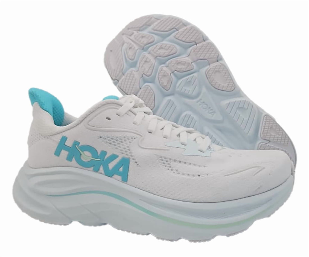 HOKA Clifton 10 Wide Womens Shoes Size 7.5, Color: White/Cielo Blue